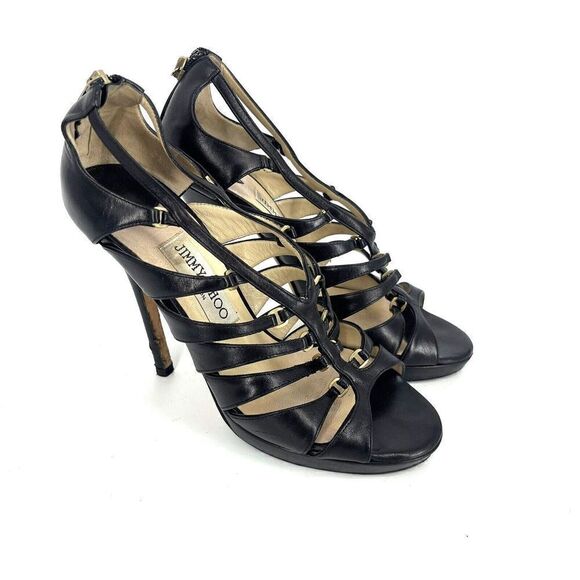 Jimmy Choo Shoes Size 37 Womens Black Platform Leather Strap Gladiator Cage Heel - Picture 1 of 8